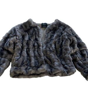 Zara Coat Women Small Grey Brown Faux Fur Crop Jacket Warm Soft Hook Eye Pockets